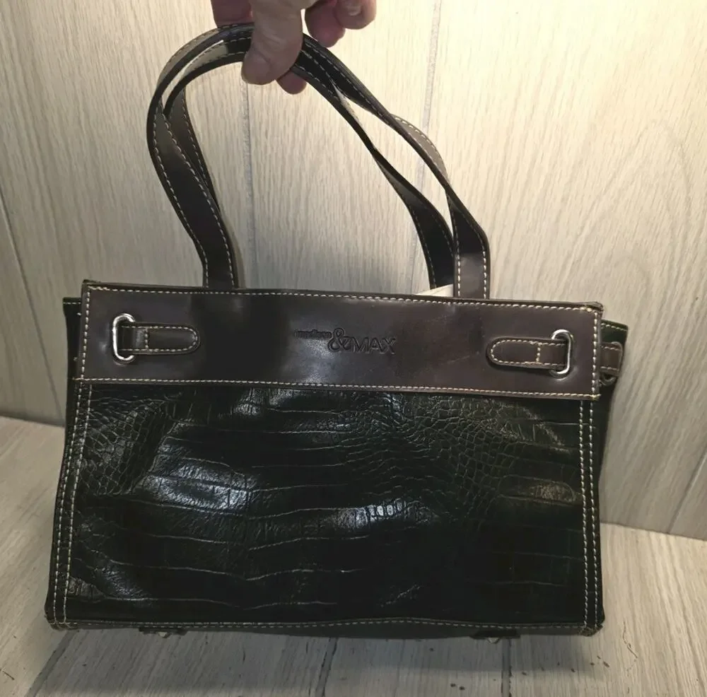Madison & Max Green & Brown Crock Embossed Leather Hand Bag Y2K Style NWT Boho